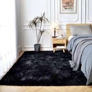 Temedara Black Rug for Bedroom,3x5 Feet Fluffy Fur Area Rugs for Living Room,Non-Slip Furry Plush Dorm Room Rug,Soft Small Shag Fuzzy Carpet for Kids Nursery Playroom Decor