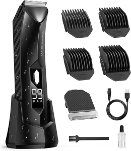 Body Hair Trimmer for Men, Manscape Groin Trimmer/Shaver, IPX7 Waterproof Wet/Dry Groomer with LED Light, Replaceable Ceramic Blade Heads, USB Dock, Men’s Ball Shaver, Black