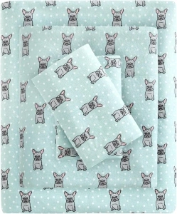 Sleep Philosophy True North Cozy Flannel Warm 100% Cotton Sheet - Novelty Print Animals Stars Cute Ultra Soft Cold Weather Bedding Set, Full, Aqua French Bulldog 4 Piece