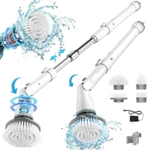 Electric Spin Scrubber, Shower Scrubber Cordless with 4 Replacement Head, 1.5H Electric Scrubber for Cleaning with Long Handle for Bathroom, Grout, Tub, Tile, Floor (White)