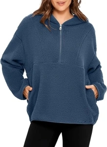 Glamaker Women's Oversized Sherpa Hoodies Fuzzy Fleece Quarter Zip Pullover Sweatshirts Fall Outfits With Pockets