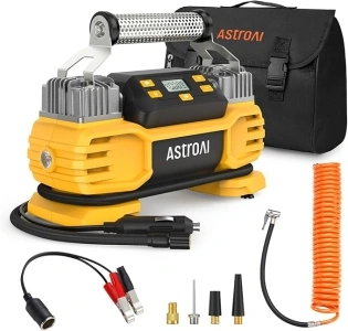 AstroAI Portable 160 PSI DC Heavy Duty Tire Inflator Pump Auto Shutoff with Screen, Dual Cylinders & Dual Motors, Dual Power Air Compressor for SUVs, RVs, ORVs, Cars, Air Mattresses, etc. Yellow