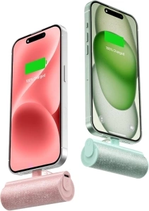 Charmast 2-Pack Small Portable Charger for iPhone 3500mAh, Bling Compact Mini Power Bank, Cute Portable Phone Charger, Green Compatible with iPhone 15 Series, Pink Compatible with /14/13/12/11 Series