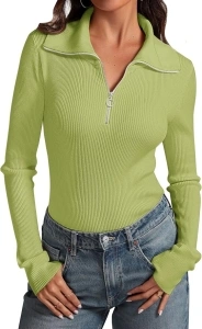 Prettywear Women's Quarter Zip Pullover Sweaters 2024 Long Sleeve Collared Slim Fit Ribbed Knit Business Casual Fall Top