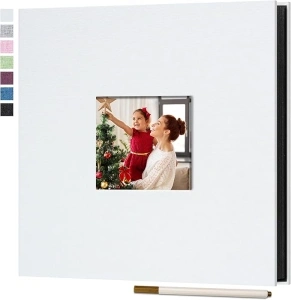 Vienrose Self Adhesive Photo Album with Window, Photo Book for 6x4 Pictures Scrapbook Album DIY Black Pages with A Metallic Pen, 9.84 x 9.06 in 40 pages White