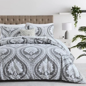 PERHOM Grey Duvet Cover King - 3 Pieces Paisley Damask Duvet Cover King Size, 100% Cotton Duvet Cover Set, Ultra Soft Breathable Bedding Duvet Covers for All Season, 104