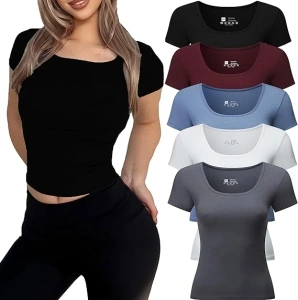 Women's 5pcs Short Sleeve Slim Fit Sexy T Shirt Square Neck Bodycon Crop Tunics Going Out Tops