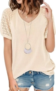 V Neck T Shirts Cute Summer Tops Lace Puff Short Sleeve Blouses for Women Dressy Casual