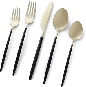 Cambridge 511120CKW12R Gaze Black Champagne Satin 20-Piece Flatware Set, Service for 4