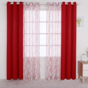 BONZER Mix and Match Curtains - 2 Pieces Branch Print Sheer Curtains and 2 Pieces Blackout Curtains for Bedroom Living Room Grommet Window Drapes, 37x63 Inch/Panel, Red, Set of 4 Panels