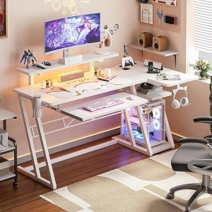 Gaming Desk with Power Outlets and LED Lights, L Shaped Gaming Desk with Shelves, Reversible L Shaped Computer Desk for Gamer, Carbon Fiber White, 47