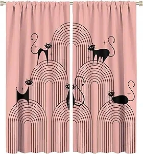 Mid Century Black Cat Curtains Pink Boho 1950s 60s Style Blackout Print Rod Pocket Window Drapes for Bedroom Living Room 42x45in