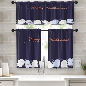 Cute Halloween Happy Kitchen Window Curtains Valance and Tier Set 36 Inch, Funny Spooky Ghost 3 Piece Window Treatment Tiers for Living Room Bedroom Kitchen Decor Drapes