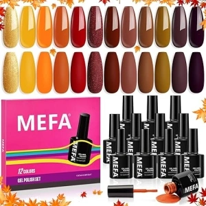 MEFA Fall Gel Nail Polish Set, 12 Colors Autumn Orange Red Yellow Gold Brown Glitter Nail Polish Kit Soak Off Pumpkin Bronze Nail Art Decorations DIY Home Salon Design Manicure Gifts for Women Girls