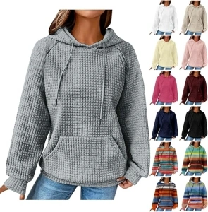 Plus Size Hoodies for Women 2024 Trendy Waffle Drawstring Pullover Sweatshirts Y2k Oversized Hoodies with Pockets