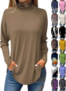 Turtle Necks Tops for Women Long Sleeve Fall Shirts Mock Turtleneck Dressy Blouses Drop Shoulder Long Tunic Tops