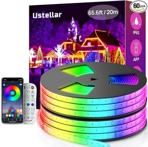 USTELLAR 65.6ft (2 Rolls of 32.8ft) LED Rope Lights Waterproof IP65 640 LEDs, 360lm Bright Color Changing Strip Light Plug-in 24V, App/RF Control Dimmable Music Sync Light Not Cuttable, Not Extendable