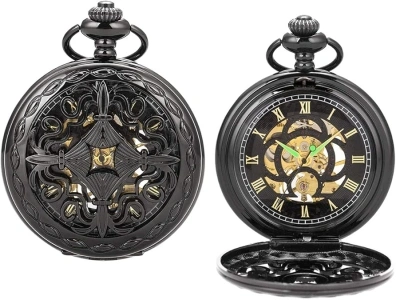 ManChDa Men's Vintage Mechanical Pocket Watch Golden Hide Carved Steampunk Chain in Box