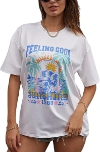 VENTELAN Women's Graphic Oversized Tees Letter Print Summer Tops Half Sleeve Loose Casual Round Neck T Shirts