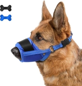 Dog Muzzle, Soft Muzzle for Medium Large Sized Dog to Anti and Prevent Biting Barking Chewing, Air Mesh Large No Barking Muzzle with Reflective & Adjustable Strap for Medium Large Sized Dog(Blue-S