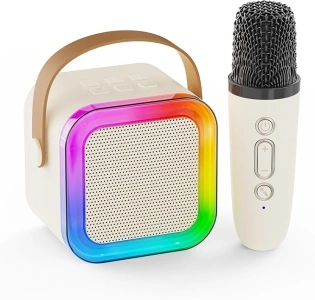 Mini Karaoke Machine for Kids Adults,Portable Bluetooth Speaker, 2 Wireless Microphones with Fun Voice Changing Function-Toys for 5 6 7 8 9 10 Year Old Girl Boys Birthday Gifts Ideas (Beige - 1 Mic)