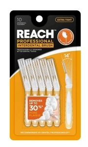 Reach Interdental Brush Cleaners, Extra Tight, 10 Count, Sensitive Gum Protection, Plaque Remover, Brushes Between Teeth & Braces, Dental Toothbrushes, Oral Care, for Adults & Kids