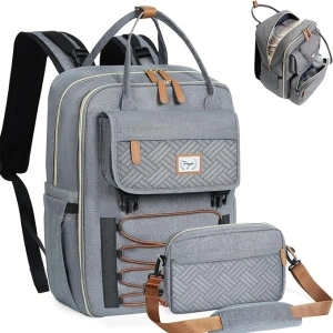 Diaper Bag Backpack Set, Baby Diaper Bag with Removable Cross Body Bag & Changing Pad, Travel Backpack for Women Men, Large Capacity, Waterproof, Grey