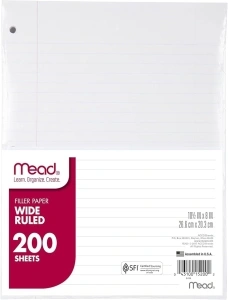 Mead Loose Leaf Paper, Notebook Paper, Wide Ruled Filler Paper, Standard, 8 x 10.5, 200 Sheets (15200) White