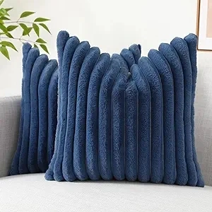 decorUhome Faux Fur Throw Pillow Covers 18x18 Set of 2, Decorative Soft Plush Striped Couch Pillow Covers with Velvet Back for Sofa, Bed, Living Room, Navy Blue