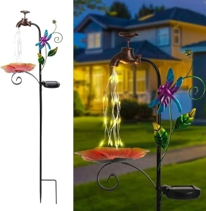 Solar Outdoor Lights Decorative Solar Dragonfly Lights with Bird Feeder Faucet Shaped Lighted Solar Garden Stake Decorations for Pathway Lawn Patio Courtyard Backyard