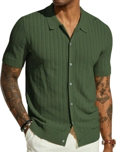 PJ PAUL JONES Mens Knit Shirt Short Sleeve Summer Hollow Out Shirt Beach Button Down Shirt