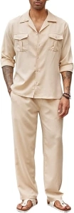 COODANDY Men's Linen Sets Long Sleeve Button Down Shirt Summer Loungewear with Pants