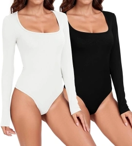 TownCat Women's 2 Piece Bodysuits Sexy Ribbed Bodysuits, One Piece Square Neck Long Sleeve Body Suits Tops