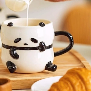 Kawaii Bear Panda Ceramic Mug Cup 16 Oz with for Breakfirst, Cute Coffee Bar Accessories Christmas&Birthday Gift (Black)