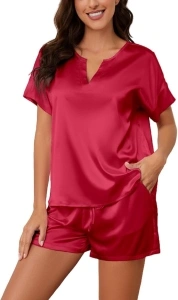 SAPJON Satin Silk Pajamas for Women 2 Piece V Neck Loose Short Sleeve Shirt with Shorts Soft Loungewear Set Silk Pjs Wine Red