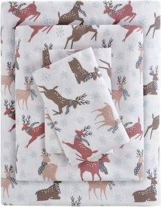 Sleep Philosophy True North Cozy Flannel Warm 100% Cotton Sheet - Novelty Print Animals Stars Cute Ultra Soft Cold Weather Bedding Set, Queen, Reindeer 4 Piece