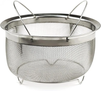 RSVP International Mesh Colander Strainer Basket with Folding Handles, 3 Quarts | For Pasta, Frying, & Salads | Dishwasher Safe | Use in Pressure Cookers | Steaming, Draining & Rinsing