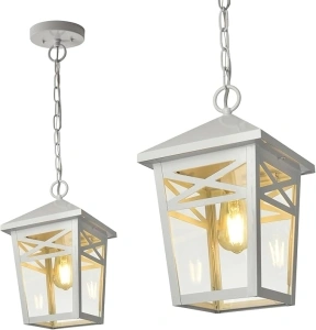 Outdoor Pendant Lights for Porch, Large White Exterior Hanging Light Fixtures with Clear Glass Shade for Patio, Gazebo, Doorway