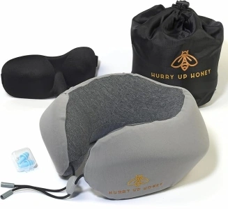 Neck Pillow Travel Neck Pillow with Adjustable Buckle, Phone Pocket Say Goodbye to Neck Pain! Perfect for Flight, Work, or Car. Includes Storage Bag, Eye Mask, and Ear Plug (Gray/Gray)