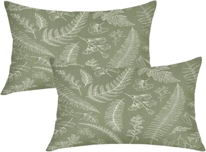 Sage Green Pillow Covers 12x20 Inch Set of 2, Tropical Fern Herbs Botanical Leave Throw Pillow Cushion Case Floral Decorative Square Linen Farmhouse Decor Pillowcases for Sofa Bed Couch