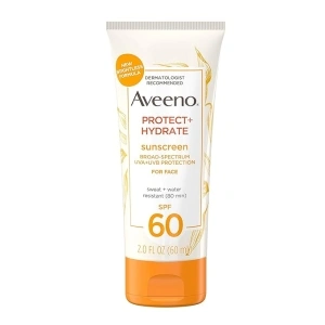 Aveeno Protect + Hydrate Sunscreen Moisturizing Face Lotion with Broad Spectrum SPF 60 and Prebiotic Oat, Paraben, Phthalate, Oxybenzone and Oil Free Sunscreen for Sensitive Skin, 2.0 FL OZ