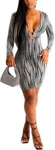 Women's Bodycon Ribbed Long Dresses Deep V Neck Long Sleeves Club Night Party Sweater Dress