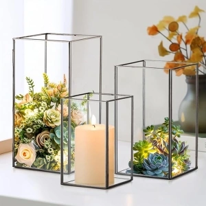 Hurricane Candle Holder Set of 3, Indoor Lantern Decorative Table Centerpiece with Metal Frame for Farmhouse Home Decor Christmas Wedding, Bulk Candleholders for Pillar Candles, Black