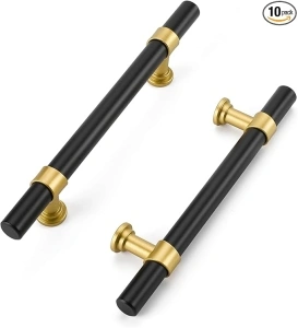 Haliwu 10 Pack Black Cabinet Pulls, Black&Gold Cabinet Handles, Barrel Cabinet Handles Drawer Pulls Kitchen Cabinet Hardware,4 inch Gold Pulls Hardware