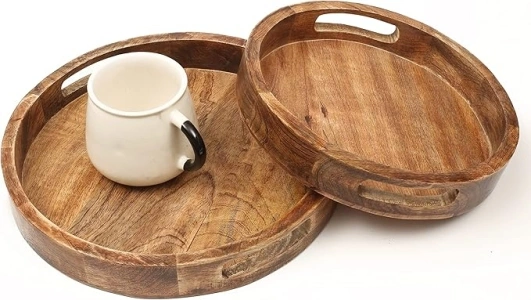 Rustic Wooden Serving Tray Set with Handles - Natural Burnt Finish for Home and Bar, Decorative Storage - Wooden Serving Trays - Sizes (12x12x1.5) and (10x10x1.5) Inches, Set of 2