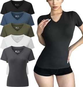 Vomidia Womens 5 Piece Basic T-Shirts V Neck Short Sleeve Crop Tops Cute Summer Tops Slim Fit Tees Y2k Clothing