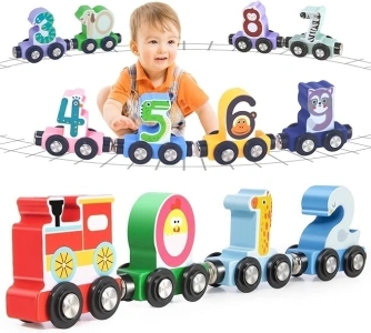 Toys for Toddlers, 12pc Wooden Magnetic Train Track Set with Animal and Digital Designs, Montessori Educational Toy for 2 3 4 5 Year Olds Boys and Girls Christmas Birthday Gift