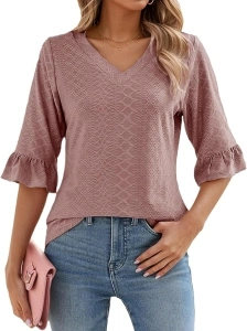 Womens 3/4 Flutter Sleeve Tops V Neck Shirts for Business Casual Loose Tunic Work Dressy Blouses