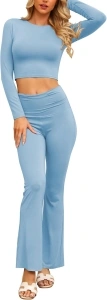 Women's Lounge Set with Fold-Over Flare Pants & Long Sleeve Cropped Top - Perfect Casual Outfit and Pajamas