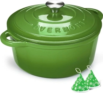 Overmont Enameled Cast Iron Dutch Oven - 4.5QT Pot with Lid Cookbook & Cotton Potholders - Heavy-Duty Cookware for Braising, Stews, Roasting, Bread Baking green